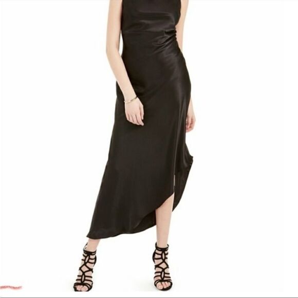 NWOT Bebe Black Satin Cowl Neck Maxi Midi Asymmetrical Dinner,Engagement Dress​ - Picture 4 of 10